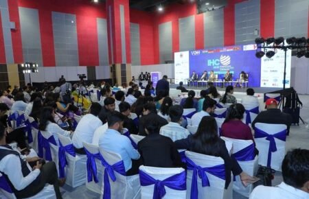 Healthcare professionals attending a medical conference focused on digital health and innovation.