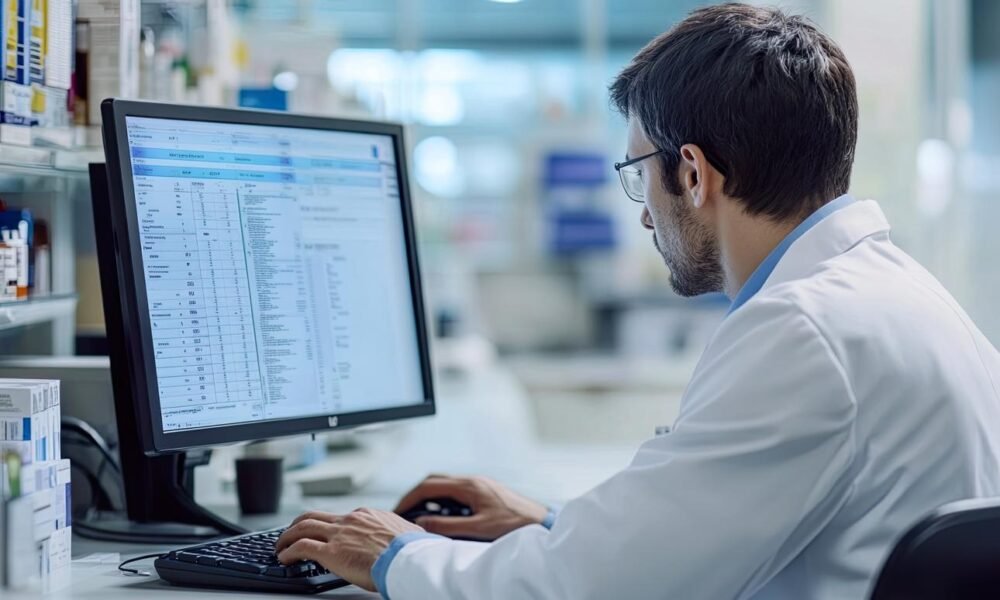 A healthcare professional accessing a digital medicine database.