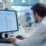A healthcare professional accessing a digital medicine database.