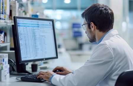 A healthcare professional accessing a digital medicine database.