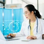 A doctor using AI-powered healthcare technology during a patient consultation.