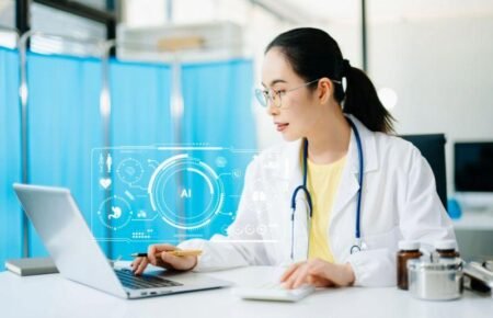 A doctor using AI-powered healthcare technology during a patient consultation.