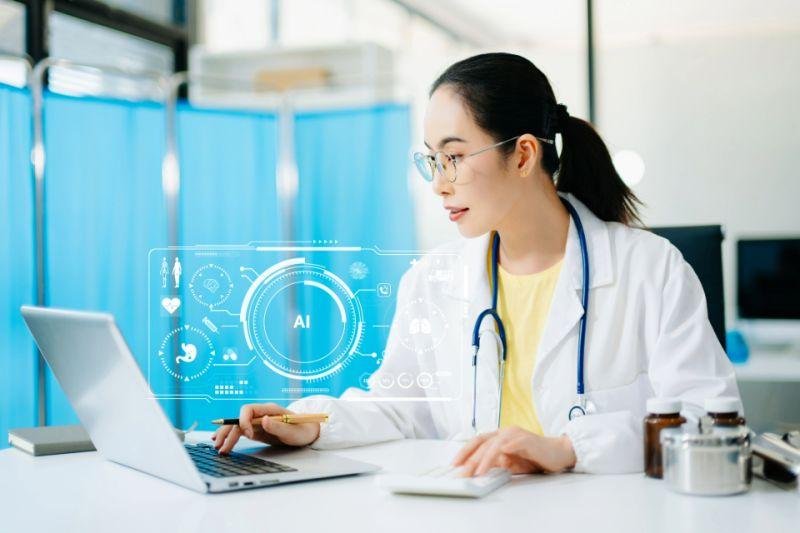 A doctor using AI-powered healthcare technology during a patient consultation.
