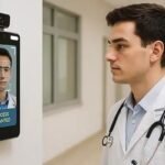 A doctor marking attendance through a digital biometric system in a government hospital.