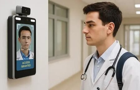 A doctor marking attendance through a digital biometric system in a government hospital.