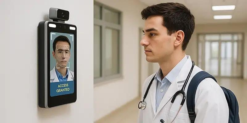 A doctor marking attendance through a digital biometric system in a government hospital.
