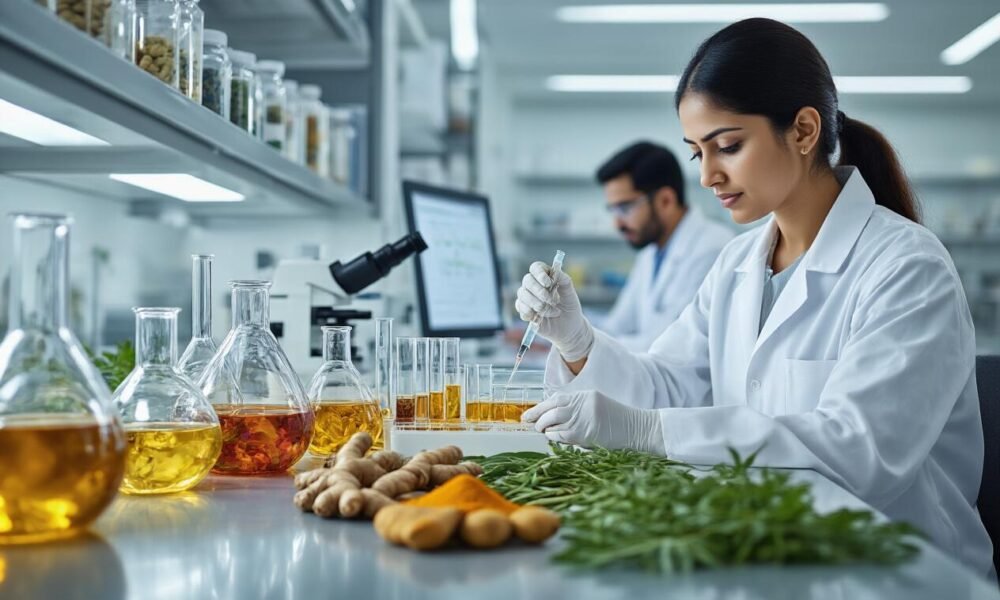 An Ayurveda practitioner consulting a patient with medicinal herbs displayed.