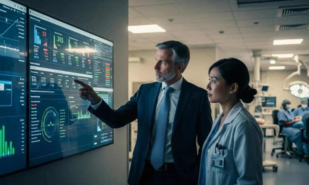 Healthcare administrators using digital technology for hospital recruitment and workforce management.