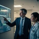 Healthcare administrators using digital technology for hospital recruitment and workforce management.