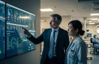 Healthcare administrators using digital technology for hospital recruitment and workforce management.