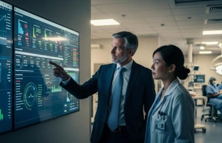 Healthcare administrators using digital technology for hospital recruitment and workforce management.