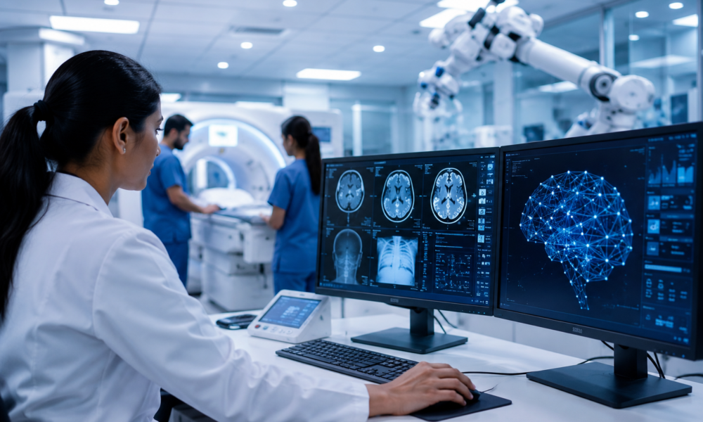 AI-enabled medical technology and diagnostic equipment in a modern Indian healthcare setting