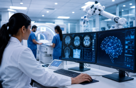 AI-enabled medical technology and diagnostic equipment in a modern Indian healthcare setting