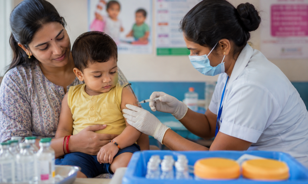 Child receiving a vaccination as India considers the economic benefits of a six-in-one vaccine