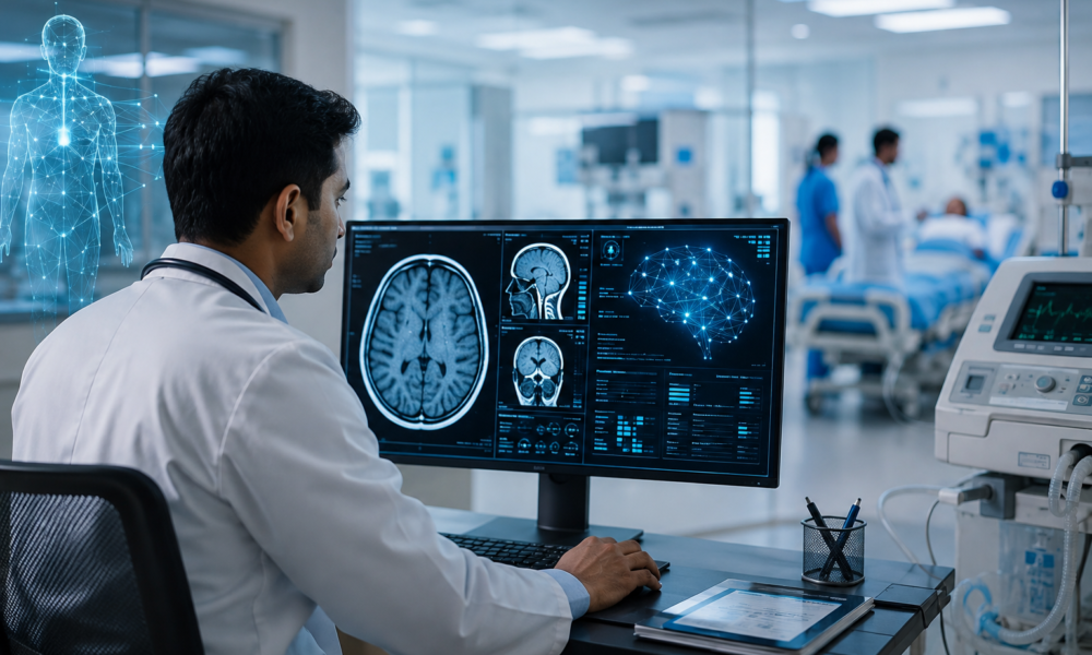 Doctor using artificial intelligence technology to analyse a medical scan in an Indian hospital
