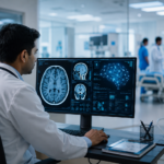 Doctor using artificial intelligence technology to analyse a medical scan in an Indian hospital