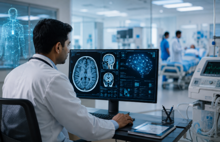 Doctor using artificial intelligence technology to analyse a medical scan in an Indian hospital