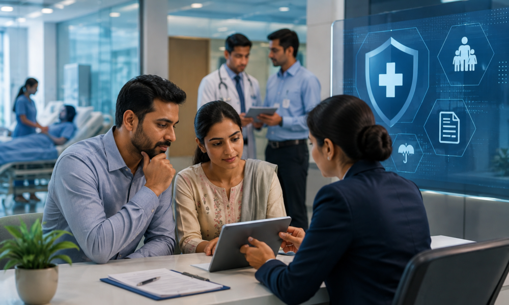 Patient reviewing health insurance documents at a modern Indian hospital