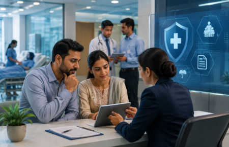 Patient reviewing health insurance documents at a modern Indian hospital