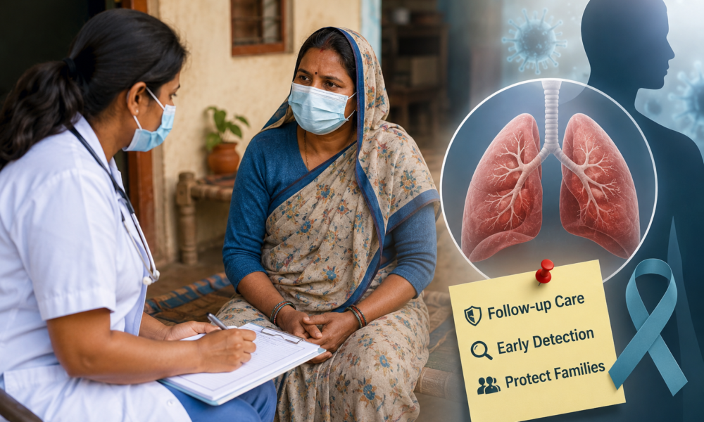 Healthcare worker conducting follow-up screening for a tuberculosis survivor at home in India