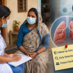Healthcare worker conducting follow-up screening for a tuberculosis survivor at home in India