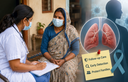Healthcare worker conducting follow-up screening for a tuberculosis survivor at home in India