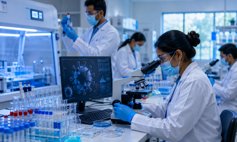 Viral research and diagnostic laboratory with scientists conducting infectious disease testing