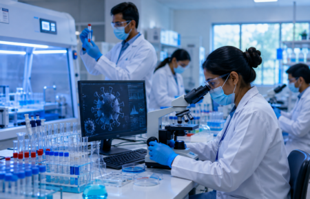 Viral research and diagnostic laboratory with scientists conducting infectious disease testing