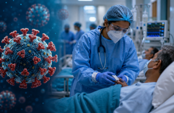 Doctors and healthcare workers monitoring influenza patients in a modern Delhi hospital