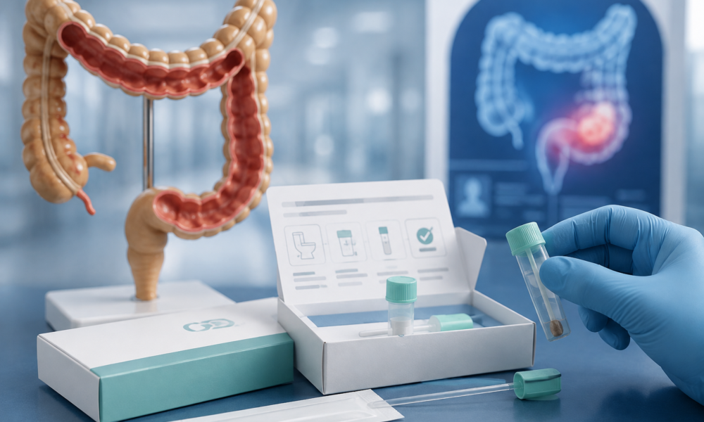 Colorectal cancer screening represented by a home stool test kit alongside medical data showing reduced cancer mortality.