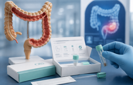 Colorectal cancer screening represented by a home stool test kit alongside medical data showing reduced cancer mortality.
