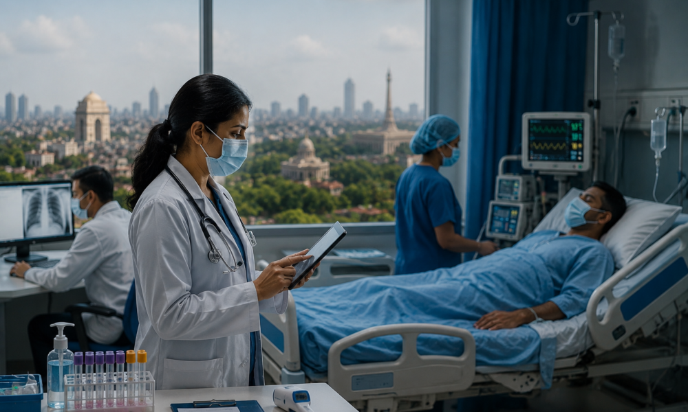 Doctors and healthcare workers monitoring H1N1 influenza cases at a hospital in Delhi