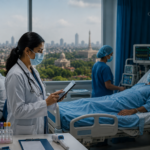 Doctors and healthcare workers monitoring H1N1 influenza cases at a hospital in Delhi