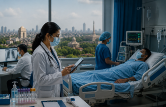Doctors and healthcare workers monitoring H1N1 influenza cases at a hospital in Delhi