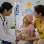 Doctor speaking with a child and parent during a paediatric cancer consultation in a hospital.