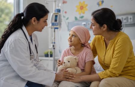 Doctor speaking with a child and parent during a paediatric cancer consultation in a hospital.