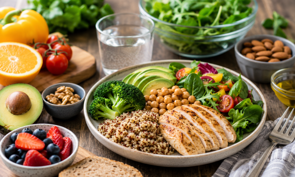 A colourful healthy meal with vegetables, whole grains, fruits, nuts and lean protein on a dining table.