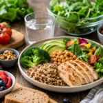 A colourful healthy meal with vegetables, whole grains, fruits, nuts and lean protein on a dining table.