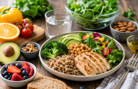 A colourful healthy meal with vegetables, whole grains, fruits, nuts and lean protein on a dining table.