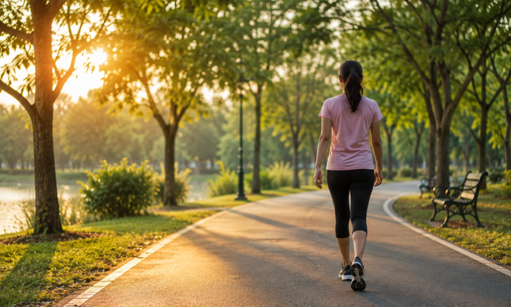 A person walking through a green park during sunrise to support healthy sleep and overall wellbeing.
