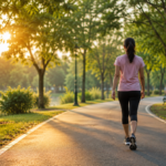 A person walking through a green park during sunrise to support healthy sleep and overall wellbeing.