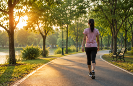 A person walking through a green park during sunrise to support healthy sleep and overall wellbeing.