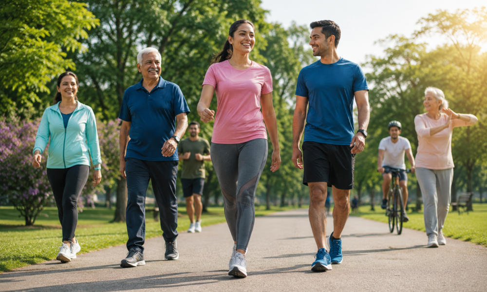 People of different ages walking together in a park to promote daily physical activity.