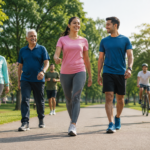 People of different ages walking together in a park to promote daily physical activity.