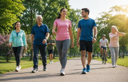 People of different ages walking together in a park to promote daily physical activity.