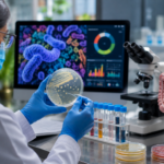 Researchers studying gut microbiome samples in a modern medical research laboratory