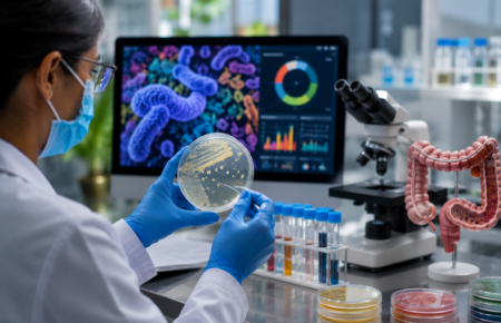 Researchers studying gut microbiome samples in a modern medical research laboratory