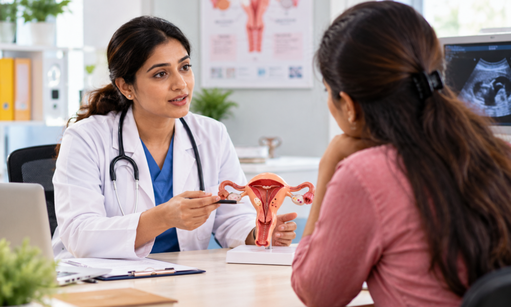 `Gynaecologist discussing women's reproductive health with patient`