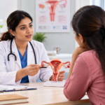 `Gynaecologist discussing women's reproductive health with patient`