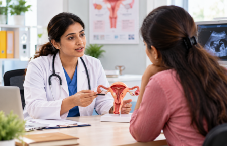 `Gynaecologist discussing women's reproductive health with patient`